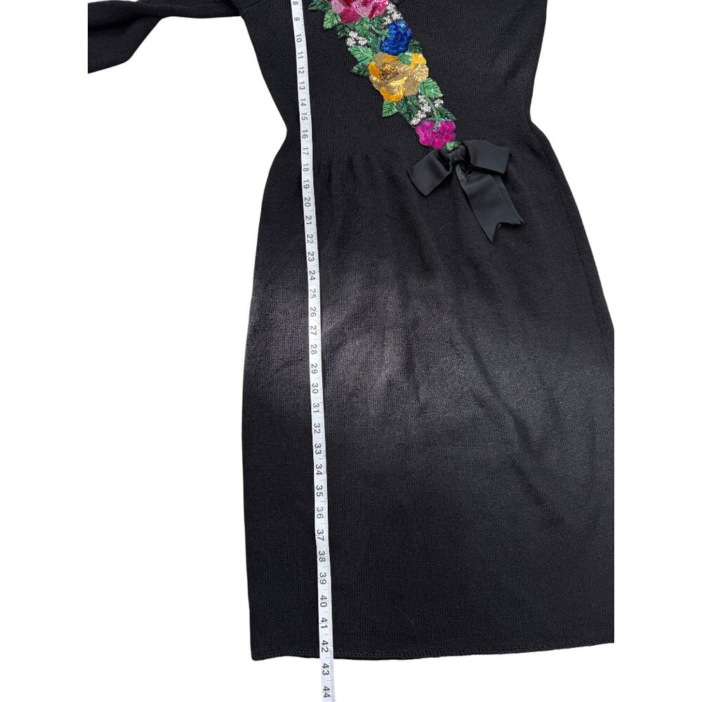 Don Sayres Wellmore Black Santana Knit Dress Floral Applique USA 80s Vtg Size 10 - Picture 8 of 8